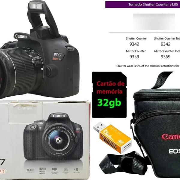 Canon T7 + 18-55mm + 32gb + Bolsa Só 9.400 Cliques Zerada Preto (Usado)