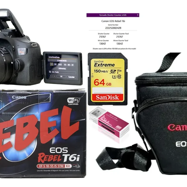 Canon T6i + 18-55mm + 64gb + Bolsa Novinha Só 23.800 Cliques Preto (Usado)