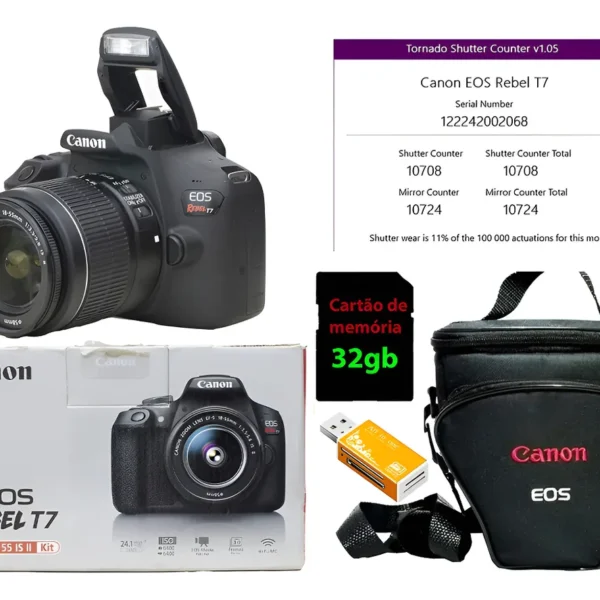 Canon T7 Com Zoom 18-55mm + 32gb + Bolsa Só 10.800 Cliques Preto (Usado)