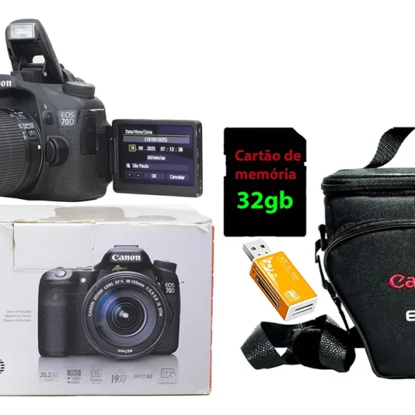 Canon 70d + Zoom 18-55mm + 32gb + Bolsa Só 71.300 Cliques Preto (Usado)