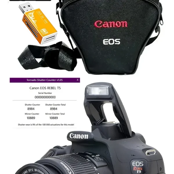 Canon T5 + Zoom 18-55mm + 32gb + Bolsa Só 10.900 Cliques Preto (Usado)