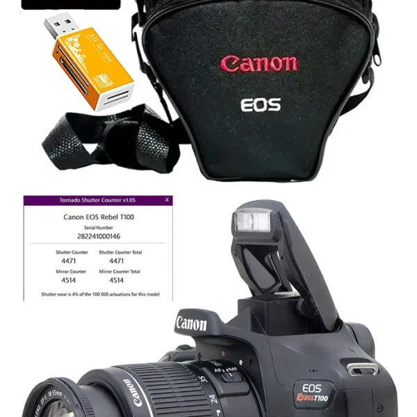 Máquina Canon T100 + 18-55mm + 32gb + Bolsa Só 4.600 Cliques Preto (Usado)